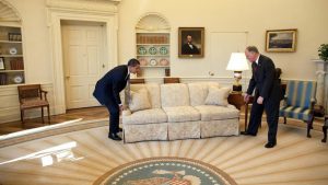 Feb. 2, 2009 “White House valets had moved the sofas in the Oval Office to accommodate the large number of press photographers that were covering the President’s meeting with Vermont Gov. Jim Douglas. When the photo-op ended, the President said to Gov. Douglas, ‘let’s move the sofas back in place.’ Gov. Douglas didn’t quite know what to do as the President did the heavy lifting. The valets now good-naturedly cringe when they look at this picture because it was their responsibility to move the sofas back in place.” (Official White House photo by Pete Souza) This official White House photograph is being made available only for publication by news organizations and/or for personal use printing by the subject(s) of the photograph. The photograph may not be manipulated in any way and may not be used in commercial or political materials, advertisements, emails, products, promotions that in any way suggests approval or endorsement of the President, the First Family, or the White House.